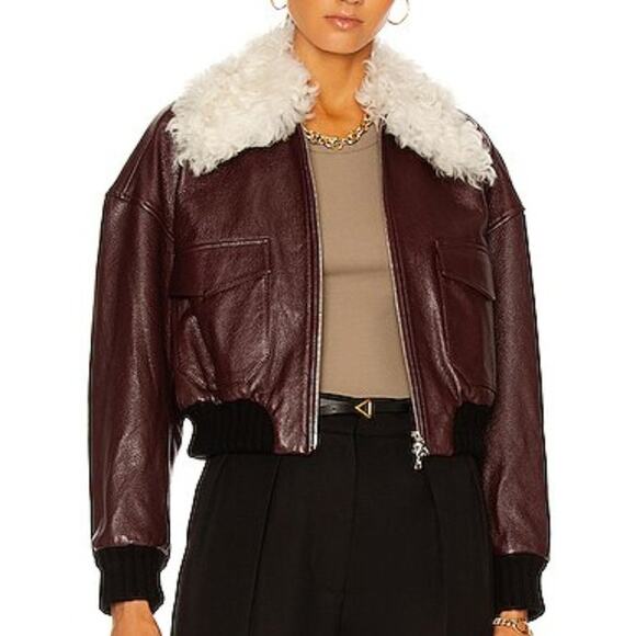 KHAITE Jackets & Blazers - KHAITE Larissa Shearling-Collar Leather Bomber Jacket Bordeaux Wine